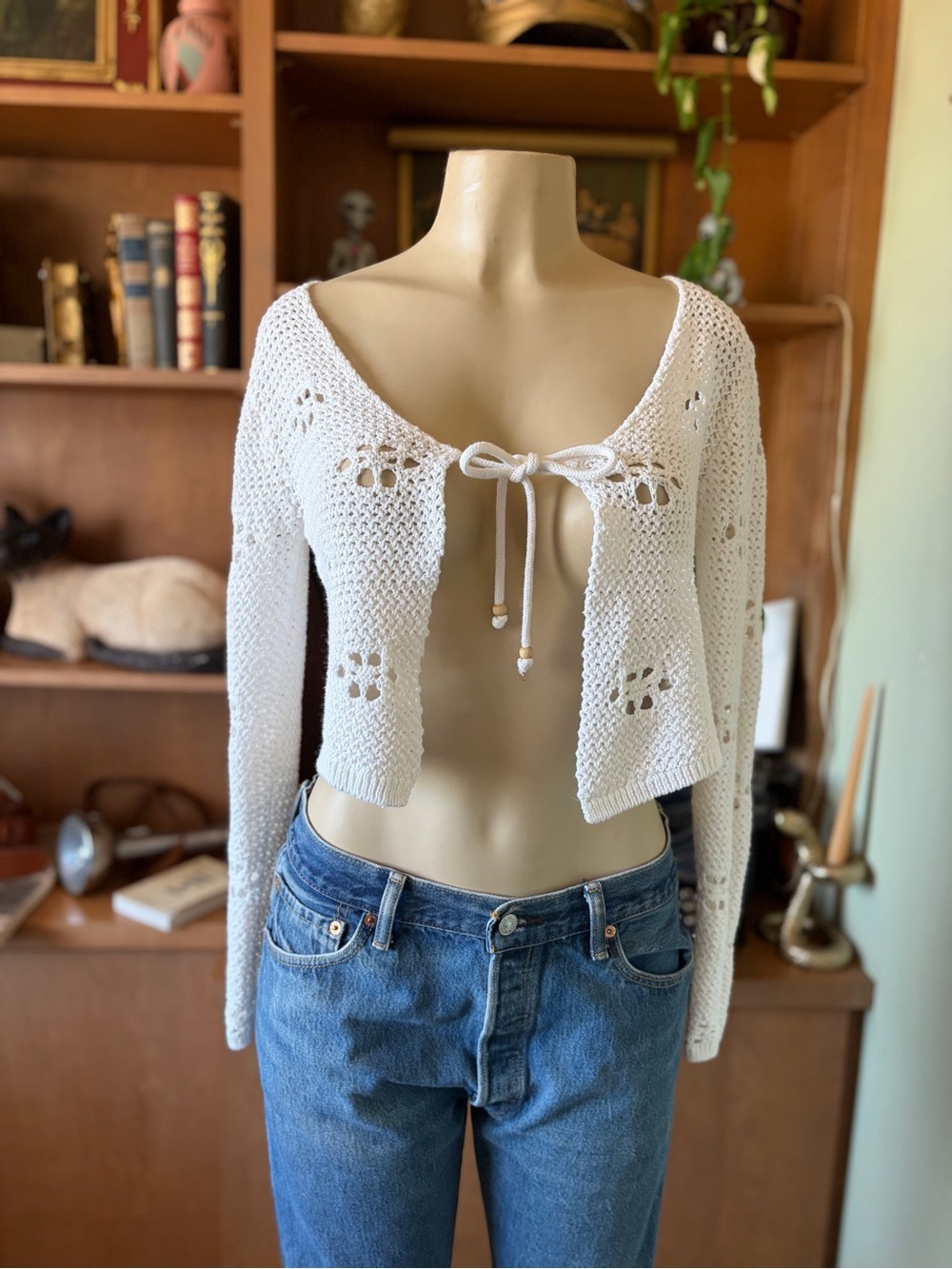 Open Crochet White Tie-Front Hippie Beachy Cardigan Boho Sweater Top Size M - Picture 3 of 16